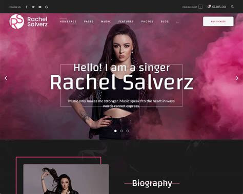 Singer website - Shop. CMS. Ecommerce. Singer 128 is a professional website Webflow template for music band and singer websites. It also suits perfectly for musician, artist, audio, music producers, recording studio, music artist, music label, record label. Buy. $79 USD. Preview in browser. Preview in Designer.